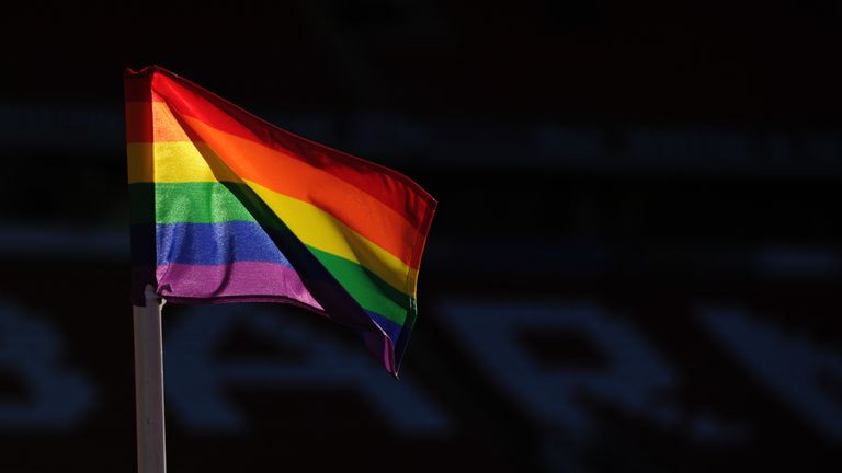 A rainbow corner flag in place at Oakwell Stadium prior to the Championship match between Barnsley and Leeds