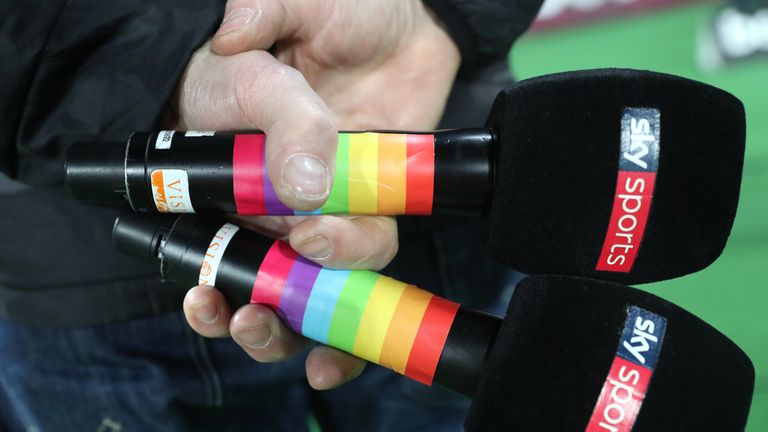 Rainbow decorated Sky Sports microphones for use by presenters and pundits at the London Stadium