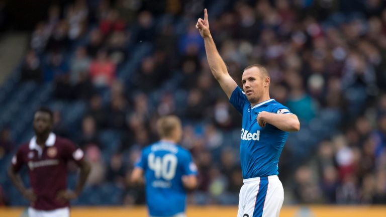 Rangers' Kenny Miller celebrates his second goal at Hearts