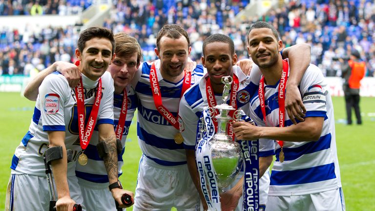 READING, ENGLAND - APRIL 29: Reading players (from left to right) Jem Karacan, Jay Tabb, Noel Hunt, Shaun Cummings and Jobi McAnuff celebrate with the npow