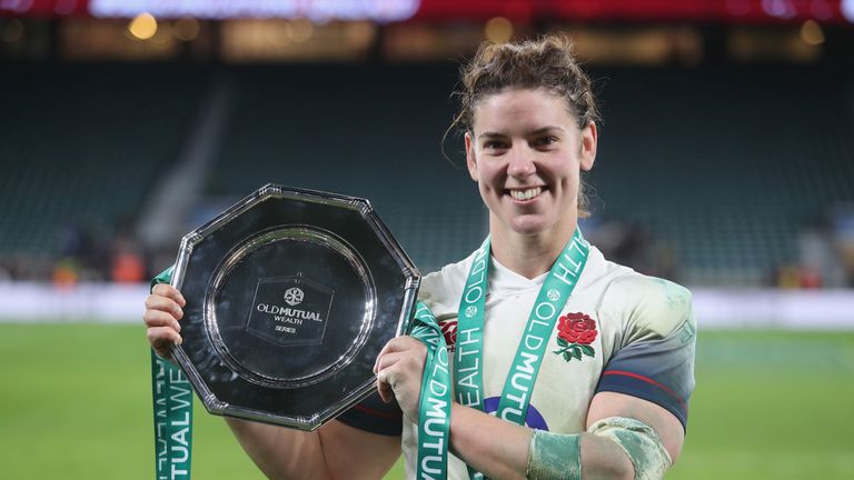 LONDON - NOV 25 2017:  Sarah Hunter of England poses with the trophy after the Old Mutual Wealth Series match between England and Canada at Twickenham