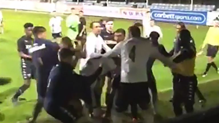 A brawl breaks out during a match between Rhyl and Leeds U23s