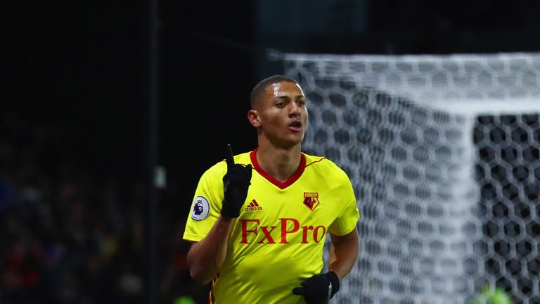 WATFORD, ENGLAND - NOVEMBER 19:  Richarlison de Andrade of Watford celebrates as he scores their second goal during the Premier League match between Watfor