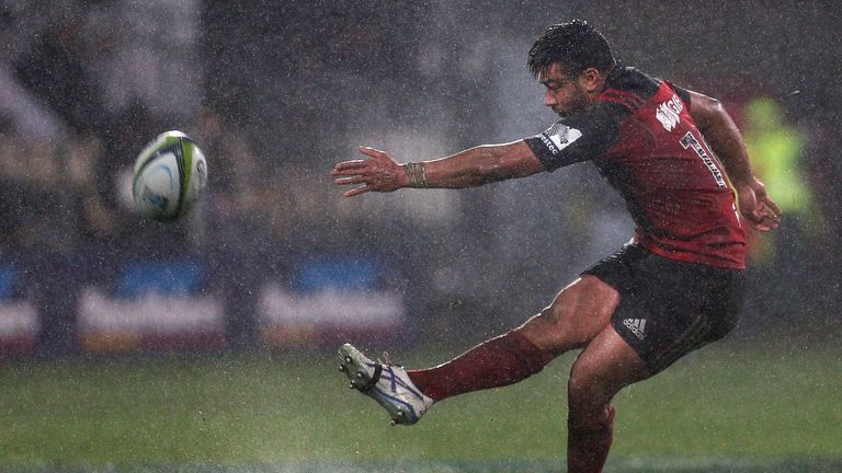 CHRISTCHURCH - JULY 22 2017:  Richie Mo'unga of the Crusaders takes a kick at goal during the Super Rugby Quarter Finals