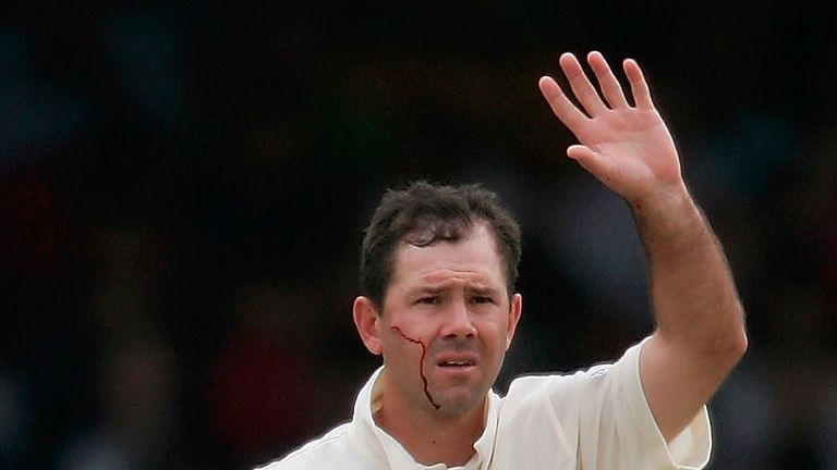 Ricky Ponting calls for treatment after taking a blow to the head during day one of the first npower Ashes Test match between England and Australia