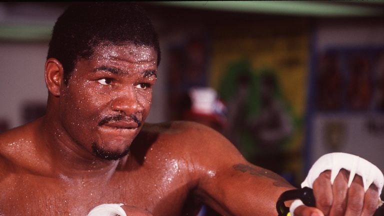 22 FEB 1995:  Former heavyweight champion Riddick Bowe shadowboxes with rubber cables during a workout at the Palm Springs Boxing Club in Palm Springs, Cal