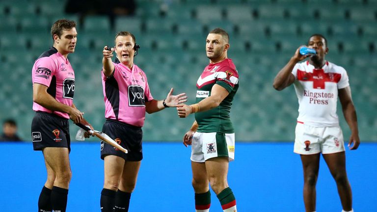 SYDNEY - NOVEMBER 04: Robbie Farah of Lebanon makes an official complaint of biting against Jermaine McGillvary of England during the 2017 World Cup