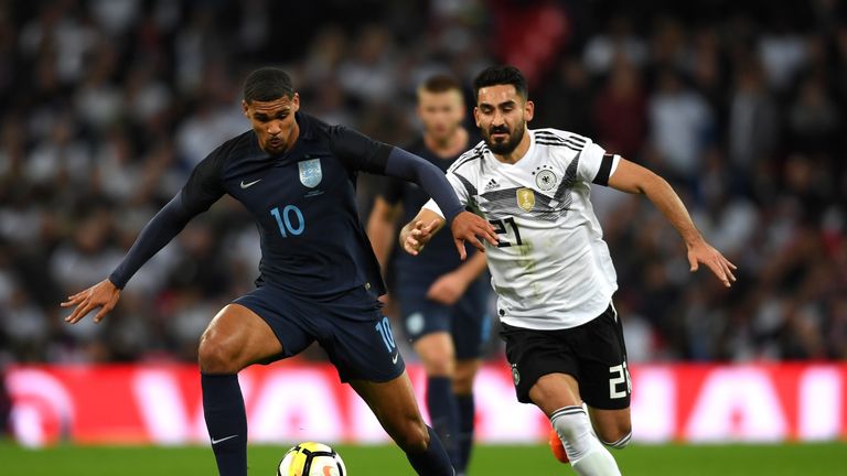 LONDON, ENGLAND - NOVEMBER 10: Ruben Loftus-Cheek of England and IIkay Gundogan of Germany battle for possession during the International friendly match be
