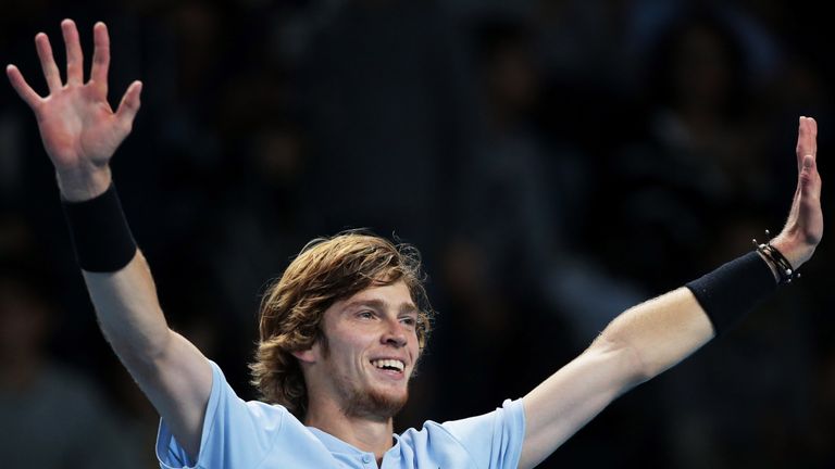MILAN, ITALY - NOVEMBER 10:  Andrey Rublev of Russia celebrates the victory at the end of the match against Borna Coric of Croatia during the semi finals o