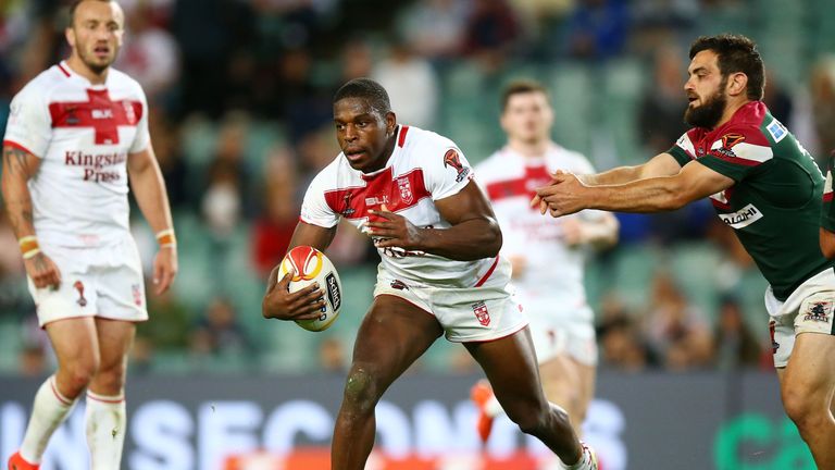 Jermaine McGillvary in action against Lebanon at the Rugby League World Cup