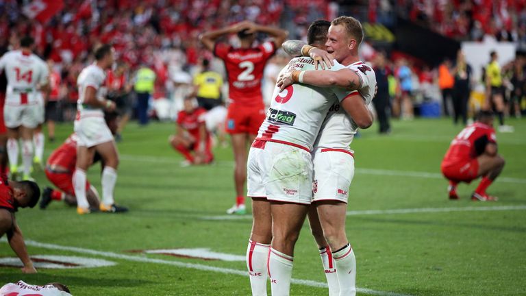 Ryan Hall (left) and Kevin Brown celebrate after England's World Cup semi-final win over Tonga
