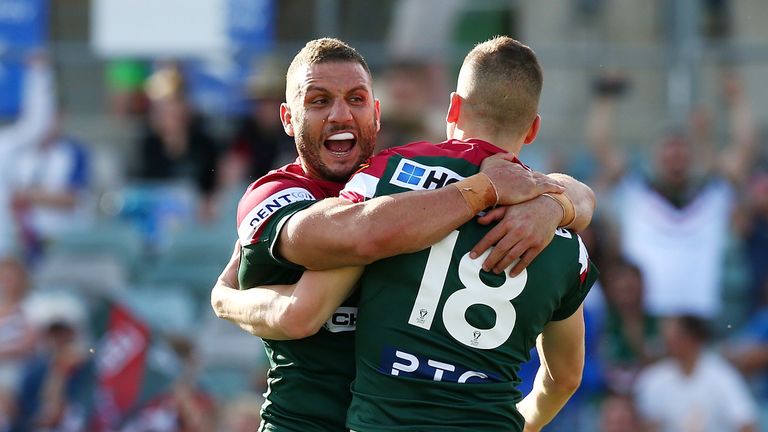 Robbie Farah and Adam Doueihi celebrate a try against France