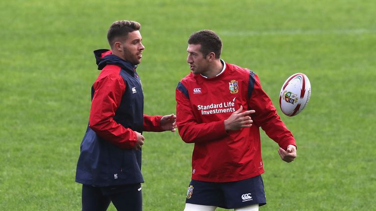 Justin Tipuric (right) and Rhys Webb during Lions training