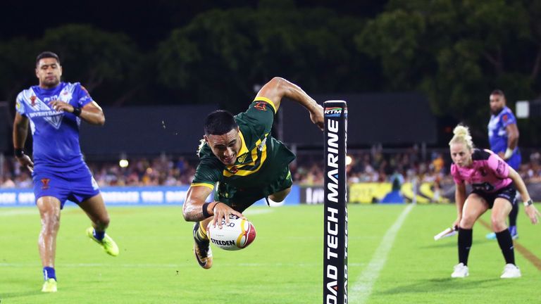 It was a game to remember for Valentine Holmes who bagged five tries for the Kangaroos as they progressed to the World Cup semi-finals