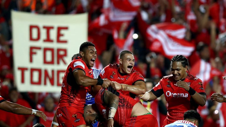 Tonga celebrate Ben Murdoch-Masila's second half try in front of  their vocal support 
