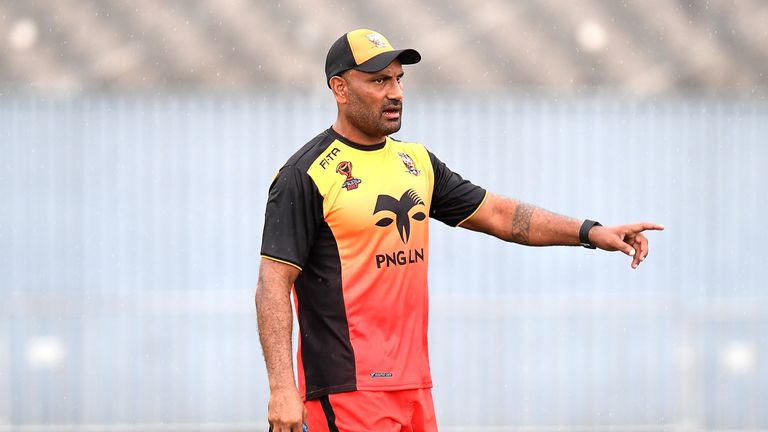 PORT MORESBY, PAPUA NEW GUINEA - OCTOBER 26:  Coach Michael Marum directs his players during a PNG Rugby League World Cup training session at the Oil Searc