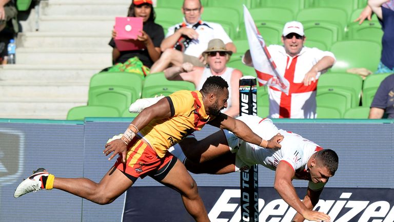 Ryan Hall crosses the line during England's 2018 Rugby League World Cup quarter-final against Papua New Ginea