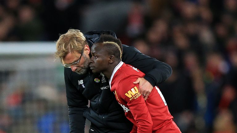 Liverpool manager Jurgen Klopp with Sadio Mane after the Premier League match with Chelsea at Anfield.