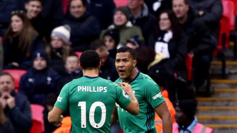 West Bromwich Albion's Salomon Rondon celebrates scoring his side's first goal of the game with Matt Phillips during the Premier League match at Wembley St
