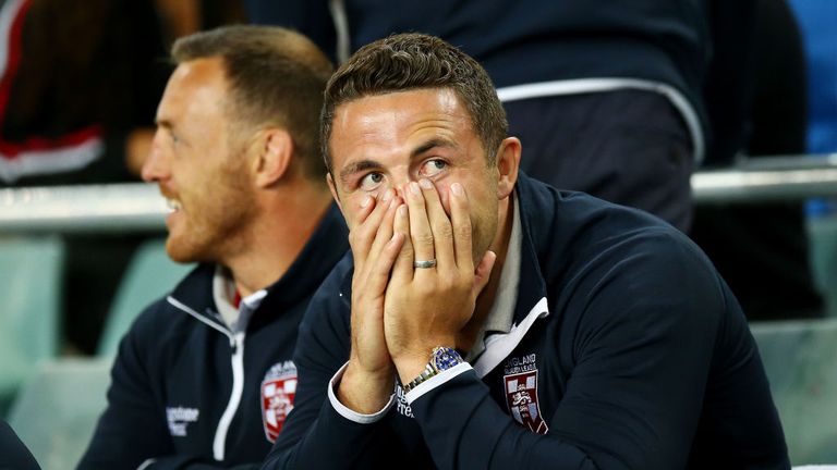 SYDNEY, AUSTRALIA- NOVEMBER 04:  Sam Burgess of England watches on from the stands during the 2017 Rugby League World Cup match between England and Lebanon