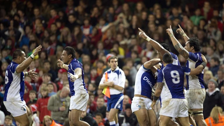 Samoa celebrate beating Wales in 2012