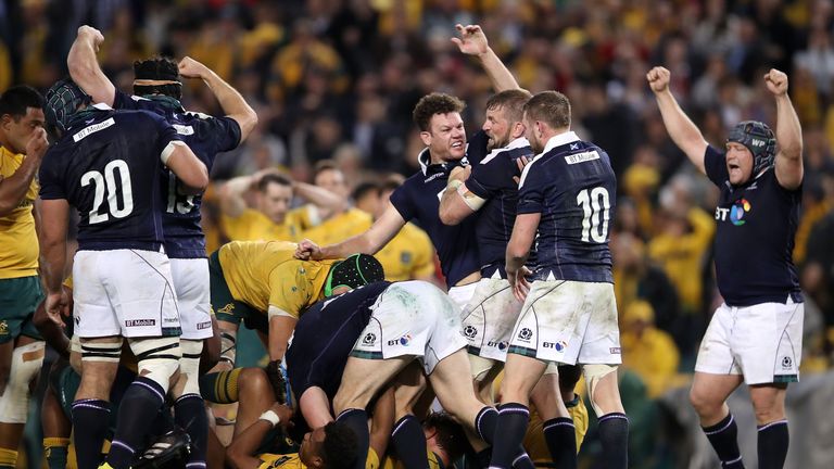 SYDNEY, AUSTRALIA - JUNE 17:  Scotland celebrate during the International Test match between the Australian Wallabies and Scotland at Allianz Stadium on Ju