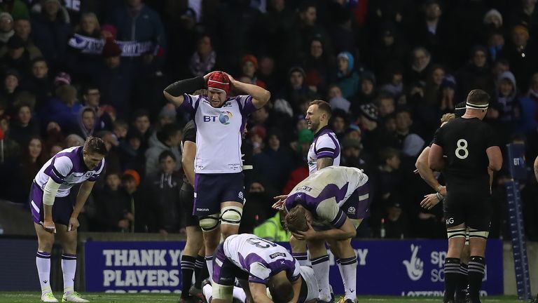 EDINBURGH, SCOTLAND - NOVEMBER 18: Scotland players react at full time during the International test match between Scotland and New Zealand at Murrayfield 