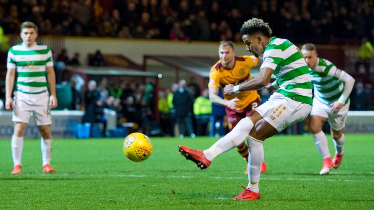 Celtic's Scott Sinclair makes it 1-1 at Fir Park from the penalty spot