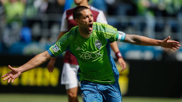 SEATTLE, WA - APRIL 26:  Clint Dempsey #2 of the Seattle Sounders FC reacts after scoring his second goal against the Colorado Rapids at CenturyLink Field 