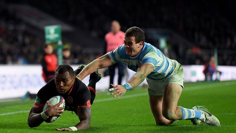 LONDON, ENGLAND - NOVEMBER 11: Semesa Rokoduguni of England touches down for the second try during the Old Mutual Wealth Series match between England and A