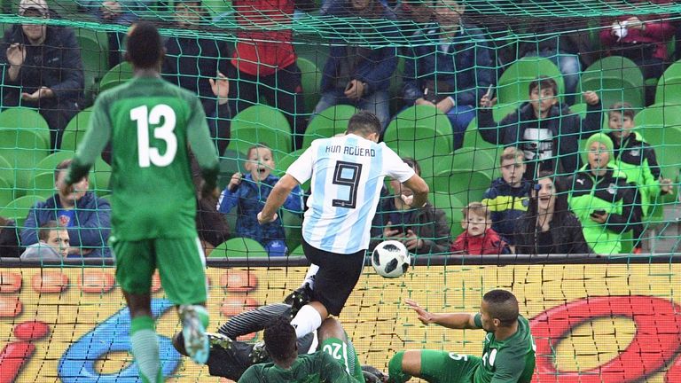 Sergio Aguero scores Argentina's second goal against Nigeria
