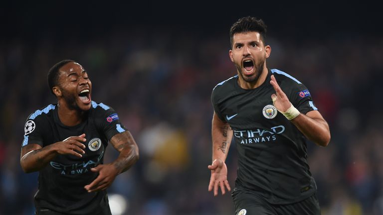 Sergio Aguero (R) celebrates after scoring in the UEFA Champions League football match Napoli vs Manchester City 