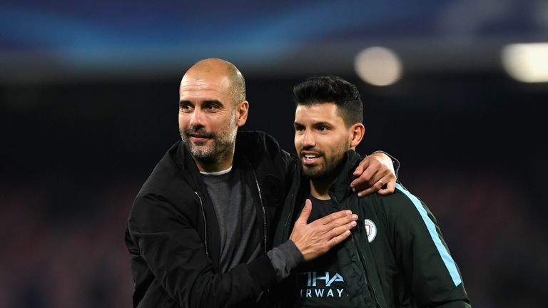 NAPLES, ITALY - NOVEMBER 01: Josep Guardiola, Manager of Manchester City and Sergio Aguero of Manchester City embrace after the UEFA Champions League group