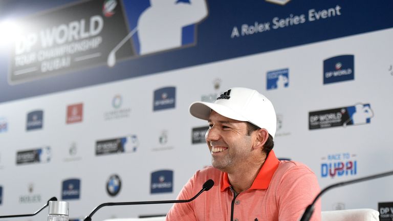 DUBAI, UNITED ARAB EMIRATES - NOVEMBER 14:  Sergio Garcia of Spain speaks to the media during a press conference prior to the DP World Tour Championship at