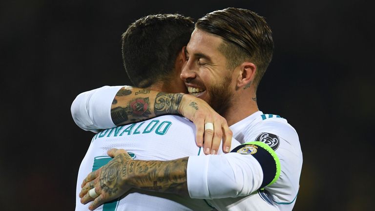 Cristiano Ronaldo (L) celebrates scoring with Sergio Ramos