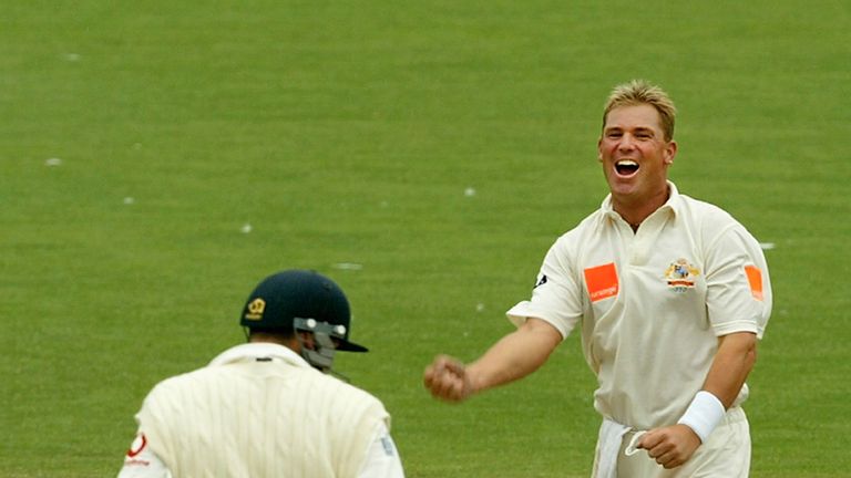 ADELAIDE - NOVEMBER 24:  Shane Warne of Australia celebrates the wicket of Stephen Harmison of England during the fourth day of the Second Ashes Test