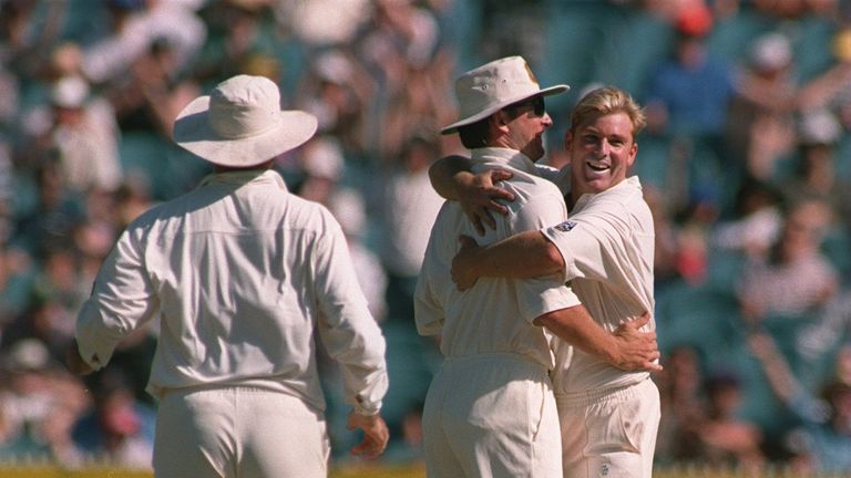 26 DEC 1994:  SHANE WARNE OF AUSTRALIA CELEBRATES TAKING THE WICKET OF GRAHAM THORPE OF ENGLAND DURING THE SECOND DAYS PLAY OF THE SECOND TEST