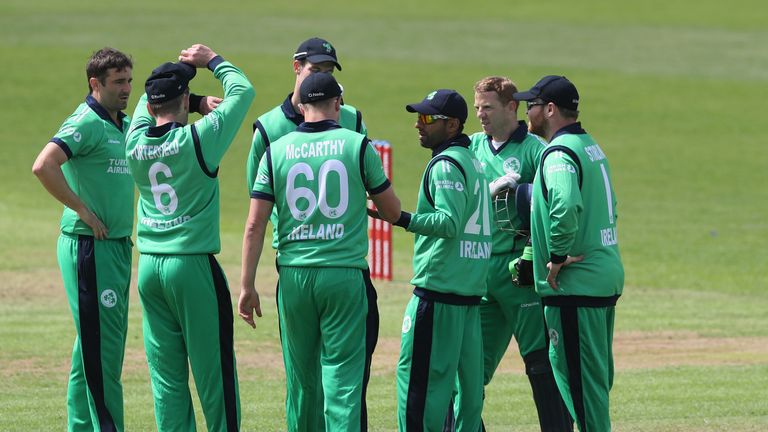 Ireland's Simi Singh (third right) celebrates after he caught out New Zealand's George Worker during the one day international tri-nations at Malahide.