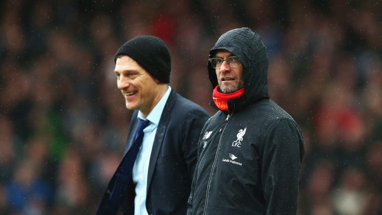 Slaven Bilic (L) manager of West Ham United and Jurgen Klopp (R) manager of Liverpool