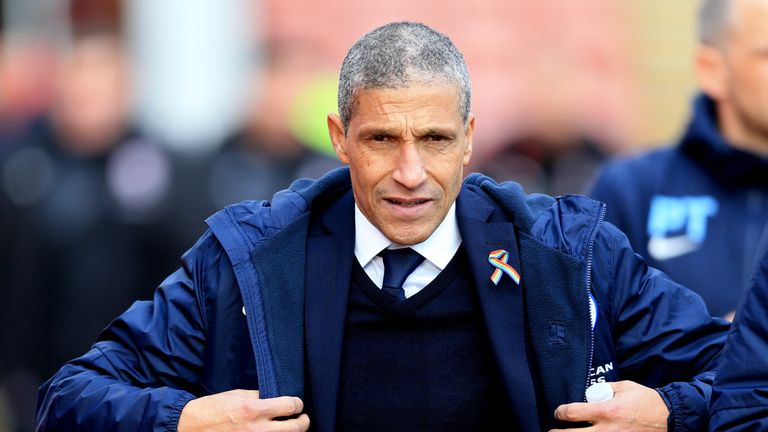 Brighton & Hove Albion manager Chris Hughton during the Sky Bet Championship match at Oakwell, Barnsley, February 2017