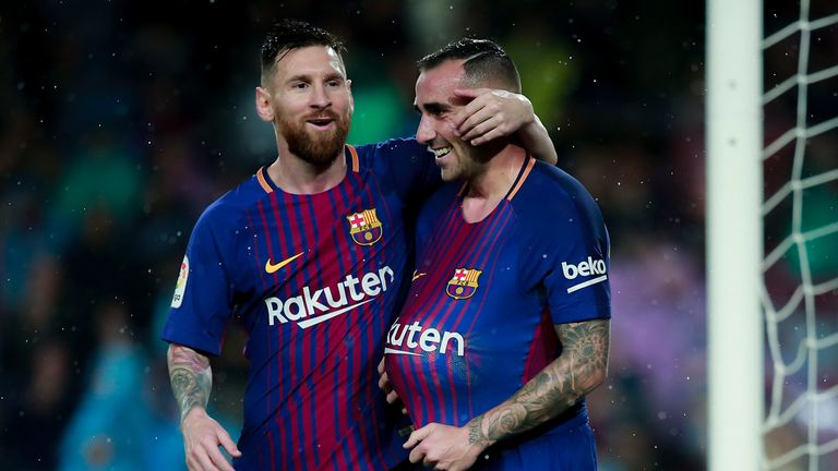 BARCELONA, SPAIN - NOVEMBER 04:  Paco Alcacer (R) of FC Barcelona celebrates scoring their opening goal with teammate Lionel Messi (L)during the La Liga ma