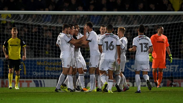 BURTON-UPON-TRENT, ENGLAND - NOVEMBER 17:  Billy Sharp of Sheffield United celebrates scoring his second goal during the Sky Bet Championship match between