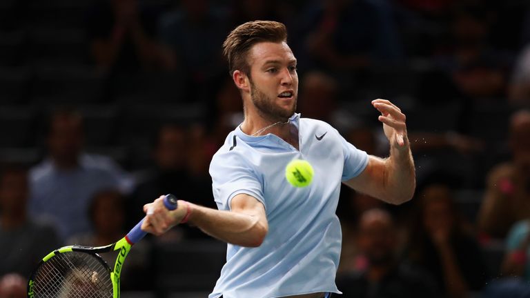 PARIS, FRANCE - NOVEMBER 03:  Jack Sock of the USA returns a forehand against Fernando Verdasco of Spain during Day 5 of the Rolex Paris Masters held at th