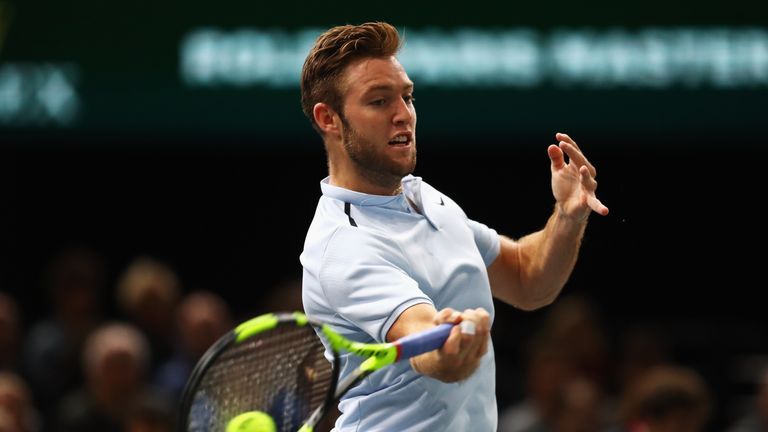 PARIS, FRANCE - NOVEMBER 05:  Jack Sock of the USA returns a forehand against Filip Krajinovic of Serbia during the Mens Final on day 7 of the Rolex Paris 
