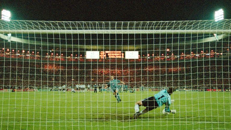 Gareth Southgate misses the decisive penalty as England are knocked out of Euro 96 against Germany at Wembley.