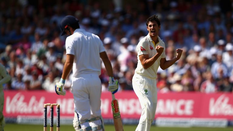 NOTTINGHAM, ENGLAND - AUGUST 06:  Mitchell Starc of Australia celebrates after taking the wicket of Alastair Cook of England during day one of the 4th Inve
