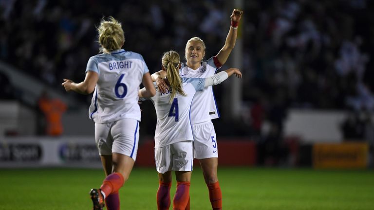 England's Steph Houghton celebrates scoring her second goal against Bosnia