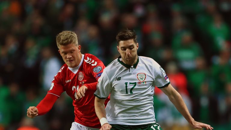 Republic of Ireland's Stephen Ward (right) and Denmark's Andreas Cornelius during the FIFA World Cup qualifying play-off first leg match at the Parken Stad