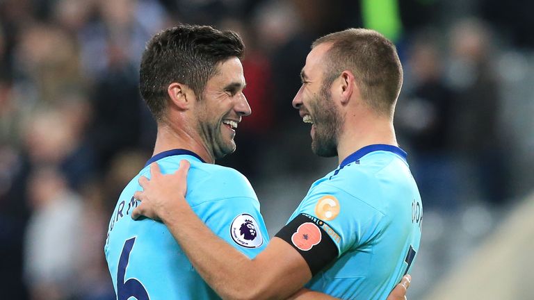 Steve Cook (R) celebrates Bournemouth's win with team-mate Andrew Surman