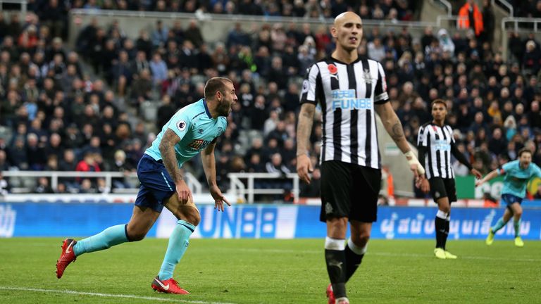 NEWCASTLE UPON TYNE, ENGLAND - NOVEMBER 04:  Steve Cook of AFC Bournemouth celebrates scoring his sides first goal during the Premier League match between 